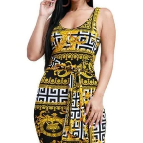 Carlotta Gold Black Medallion Tie Waist Sleeveless Bodycon Midi Dress - Picture 2 of 4